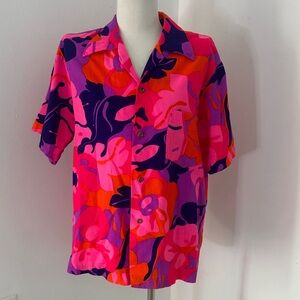 Vintage Groovy Floral Dayglow Barkcloth Hawaiian Button Up